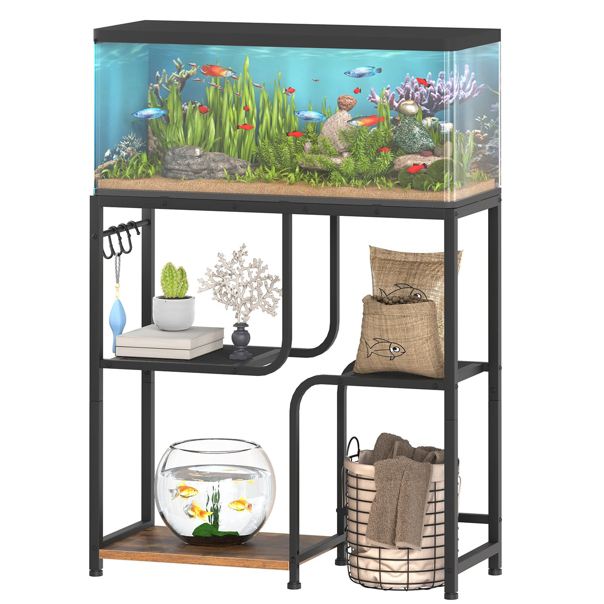HOOBRO 20 Gallon Fish Tank Stand with Storage Shelves, Heavy Duty Aquarium Stand, Metal Frame Reptile Turtle Tank Stand, 29.9”L x 11.8”W, 254 LBS Capacity, Rustic Brown BF74FT01