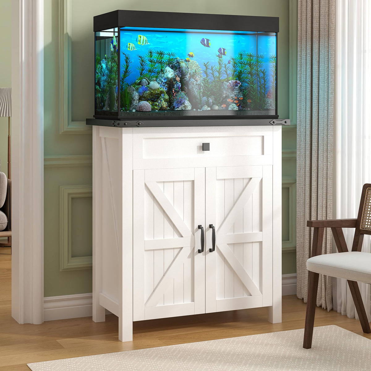 Suadism 20-29 Gallon Aquarium Stand With Charging Station, Farmhouse Fish Tank Stand, Reptile Tank Stand Terrarium Stand with Drawer and Cabinet Storage, Sturdy Heavy Duty 27.6"×15.7" Tabletop - White