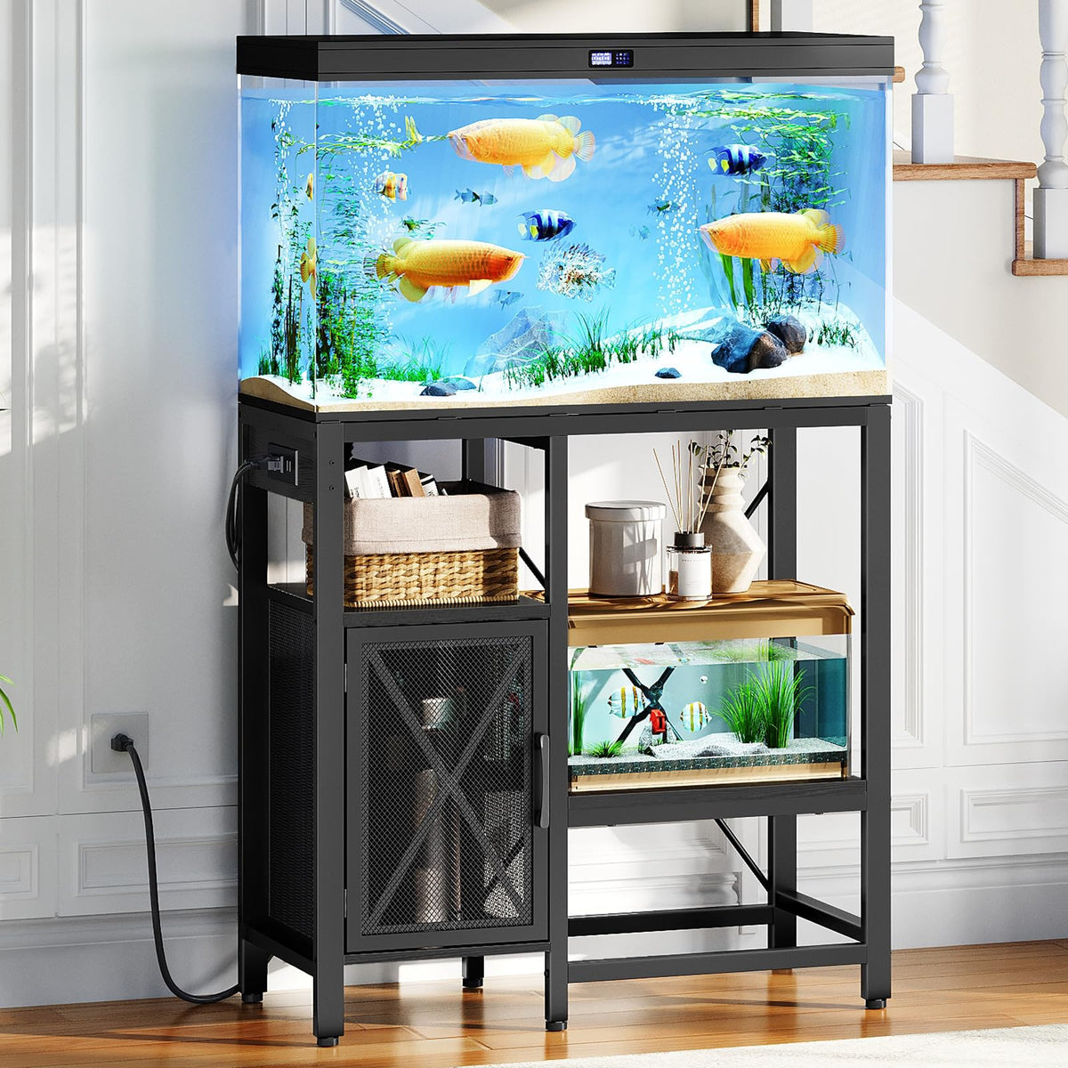 MAHANCRIS 20-37 Gallon Fish Tank Stand, Aquarium Stand with Power Outlet and Storage Cabinet, Heavy Duty Tank Stand Suitable for Turtle Tank, Reptile Terrarium, for Home Office, Black FTHB40E01