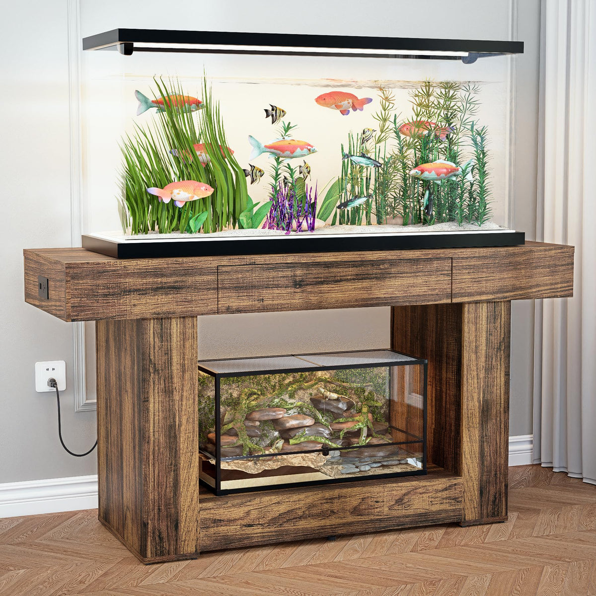 55–75/90 Gallon Aquarium Stand, 48 Inch Fish Tank Stand with Power Outlets & USB Ports, Heavy Duty Double Aquarium Stand for Turtle Reptile Terrarium, Farmhouse Tank Stand,Rustic Brown