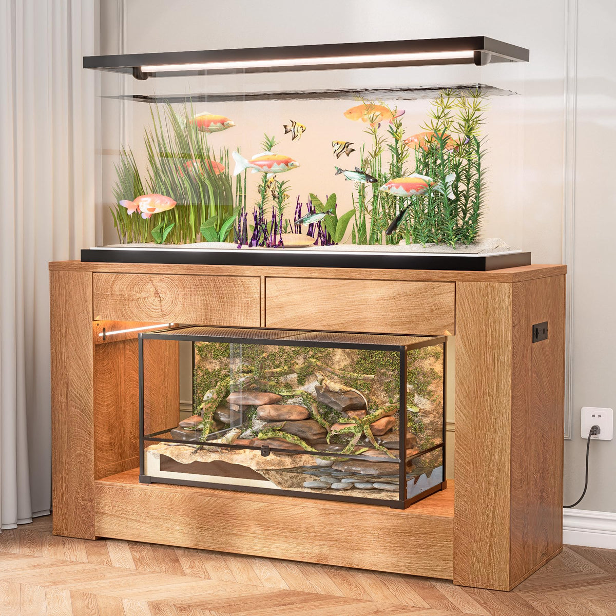 48" Aquarium Stand for 55–75/90 Gallon Tank,Heavy Duty Fish Tank Stand up to 1000 LBS,Aquarium Stand with Power Outlet & LED Light,2-Tier Turtle Reptile Tank Stand with Storage,Natural